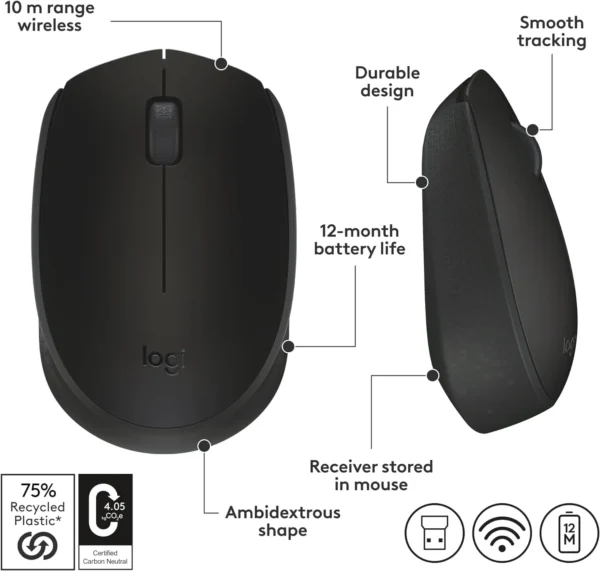 Logitech M170 Wireless / Cordless USB Optical Ambidextrous Compact Portable Mouse 2.4GHz - Image 2