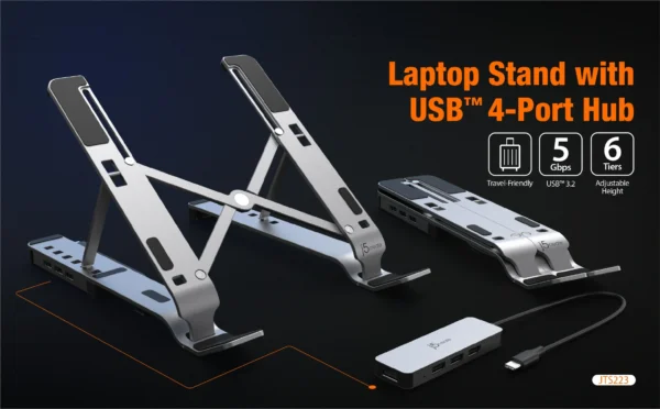 j5create JTS223 USB HUB X Kit Laptop Stand, USB Laptop Stand with 4 USB port, Fordable Laptop Holder - Image 3