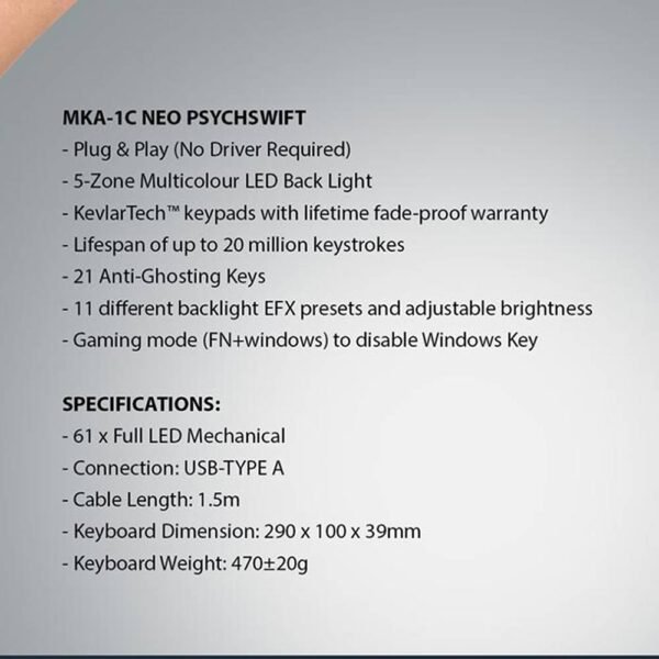Armaggeddon MKA 1C Neo LED Backlight Mechanical Gaming Keyboard 61 Key Hot Swapable  Black / White - Image 4