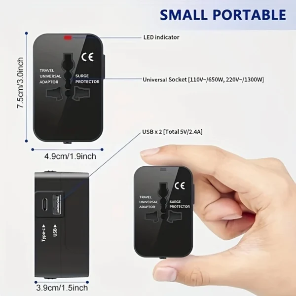 Universal Travel Adapter with 1 USB & 1 Type C Charger - Image 2